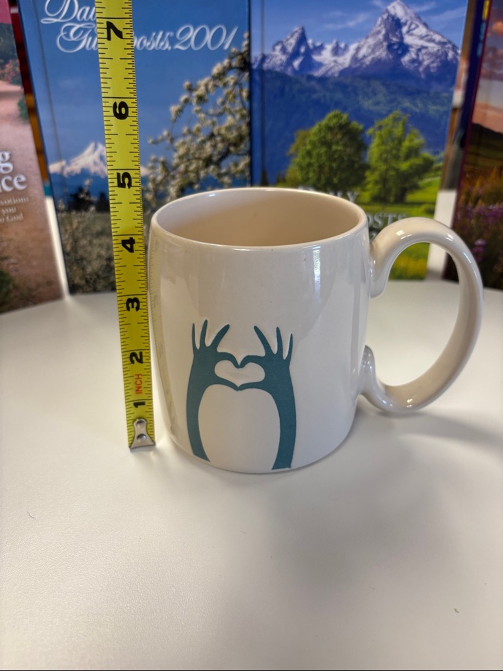 Mainstays White Mug with Teal Hand Heart Graphic
